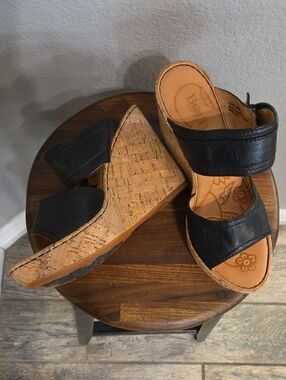 Born Black Leather Cork Wedge Slide Sandals